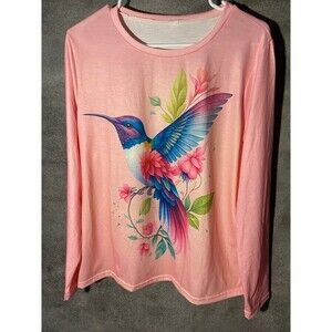 Women's Pink Long Sleeve Hummingbird Graphic Shirt Floral Print Size XL